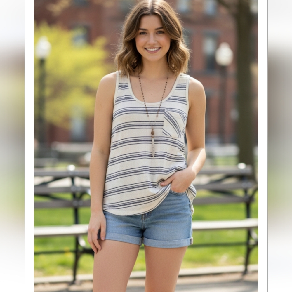 POSTELLA Hi-Lo Ribbed Knit Cream Blue Striped Pocket Tank NEW